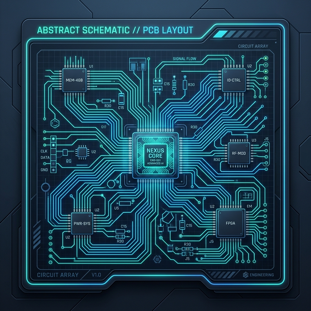 Sleek abstract PCB layout design illustration with glowing lines